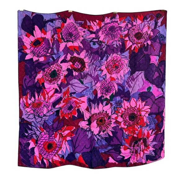 Whimsical Silk Scarf Vintage Ken Scott Surrealism Floral Pink Purple Black Retro - Picture 2 of 10